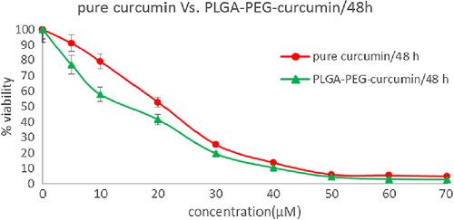 Figure 9. MTT assay results for 48h. Cytotoxic effects of different concentrations of free curcumin and curcumin-loaded PLG-PEG in the MCF-7 human breast cancer cell line.
