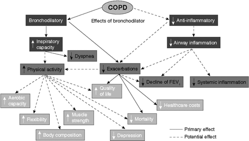Figure 5 Schematic representation of the primary and potential effects of a bronchodilator on the systemic consequences (A) and co-morbidities (B) of COPD.