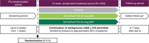 Figure 1 GOLDEN 3 and GOLDEN 4 study designs: 12-week, randomized, double-blind, placebo-controlled, parallel-group, multicenter studies.Citation7