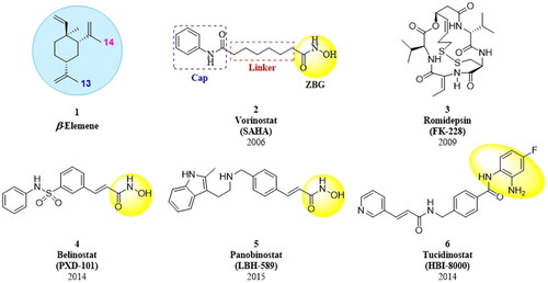 Figure 1. The structures of β-elemene (1) and approved HDAC inhibitors (2–6).