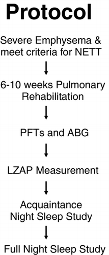 Figure 1.  Protocol for testing patients. PFT = pulmonary function test; ABG = arterial blood gas; LZAP = length of the zone of apposition of the diaphragm.