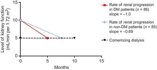 Figure 4.  The effect of MDC on the rate of renal progression in stage 5 CKD patients with or without DM.The diabetic group had a steeper rate of decline in mean eGFR and a shorter follow-up period than the nondiabetic group.