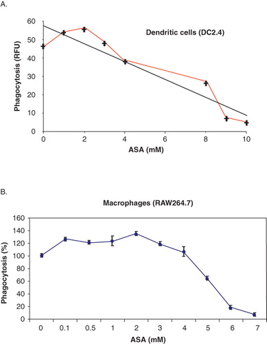 Figure 1. ASA modulates phagocytosis in DC and macrophages. (A) DC2.4 were incubated with various concentrations of ASA (0, 1, 2, 3, 4, 8, 9, and 10 mM) in DMEM for 18 h prior to incubation with fluorescence-labelled bioparticles (E. coli) in a phagocytosis assay. The amount of fluorescent bioparticles (E. coli) ingested by the control and ASA-treated cells was quantified using Gemini EN plate reader. (B) RAW264.7 cells were incubated with various concentrations of ASA (0, 0.1, 0.5, 1, 2, 3, 4, 5, 6, and 7 mM) in DMEM for 18 h prior to incubation with fluorescence-labelled bioparticles (E. coli) in a phagocytosis assay. The amount of fluorescent bioparticles (E. coli) ingested by the control and ASA-treated cells was quantified using Gemini EN plate reader.