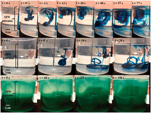 Figure 4. Freeze frame images to visualise heat dissipation. Top row: convection in D5W manipulates the blue dye allowing for visualisation of the convection cell. This contrasts with the control (middle row) where the blue dye sinks and only dissipates via diffusion in D5W. 0’ designates the time point immediately after administration of one blue dye drop. Bottom row: conduction in a layered P407 gel yields a green sphere that increases radially from the active portion of the microwave antenna.