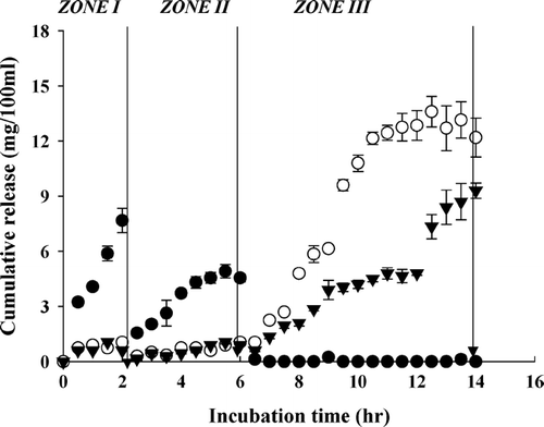 FIG. 5 Cumulative release of bovine serum albumin from pectin beads (○-sample code I) and pectin/zein beads (○-sample code II; ∇-sample code IV) at 37°C. The release media were changed in the sequence of (zone I) 0.01 M KH2PO4-citrate buffer (pH 3.5) for 2 hr, (zone II) Sorensen's phosphate buffer (pH 7.4) for 4 hr, and (zone III) 0.05 M phosphate-citrate buffer (pH 5.0) containing Pectinex 3XL (120 FDU/ml) for 8 hr.