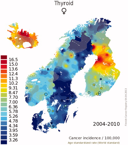 Figure 6. Geographical variation of incidence of thyroid cancer among women in the Nordic countries in 2004–2010 [Citation39]. The red area in mid Finland is consequence of excessive testing with ultrasound.