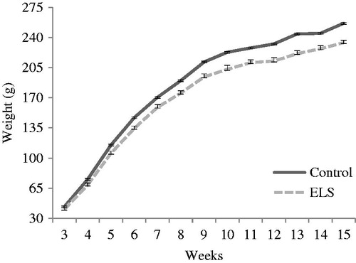 Figure 1. Body weight, at 13 weeks of follow-up after weaning, in control (n = 10) and ELS females (n = 20). Data are expressed as mean ± SEM. Repeated measures ANOVA showed an interaction between time and group (p < 0.0001), isolated effects of time (p < 0.0001) and group (p = 0.001).