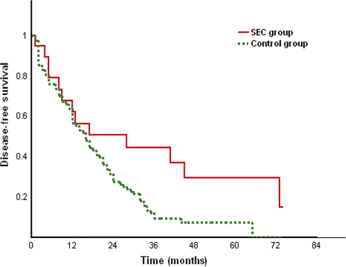 Figure 4. Disease-free survival rates of SEC group and control group in subgroup of large tumours (0.032).