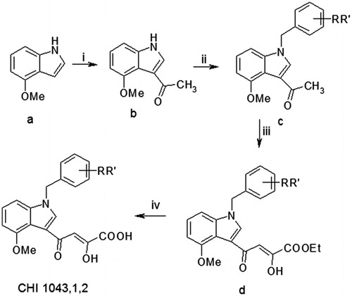Scheme 1. Reagents and conditions: (i) POCl3, CH3CON(CH3)2, RT, 12 h; (ii) benzyl bromide or chloride, NaH, DMF, mw: 10 min at continuous temperature (50 °C), 100 W; (iii) diethyl oxalate, dry CH3ONa, THF, two separate steps under the same conditions mw: 2 min, at continuous temperature (50 °C), 250 W and (iv) 2 N NaOH, MeOH, RT, 1.5 h.