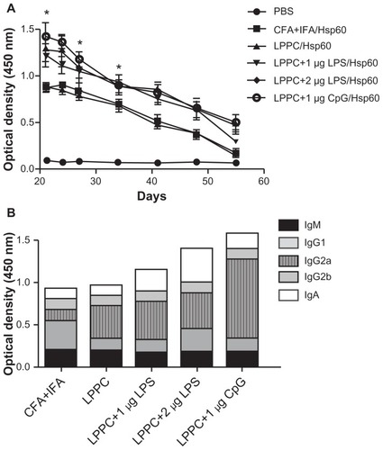 Figure 8 The effects of LPPC in combination with different immunomodulators on antibody isotype expression. LPPC adsorbed with HpHsp60 and different immunomodulators (LPS or CpG ODN) was used to immunize and boost mice. (A) The total titer of anti-HpHsp60 antibody was determined every 3 days starting on day 21 after immunization and (B) the antibody isotype titers (IgM, IgG1, IgG2a, IgG2b, and IgA) were determined 21 days after immunization.Notes: Data are expressed as the mean ± SD (n = 4). A significant difference compared to the CFA+IFA/Hsp60 group is indicated by *P < 0.05.Abbreviations: CFA, complete Freund’s adjuvant; IFA, incomplete Freund’s adjuvant; LPPC, liposome-polyethylene glycol (PEG)-polyethyleneimine (PEI) complex; PBS, phosphate-buffered saline; LPS, lipopolysaccharides; Ig, immunoglobulin.
