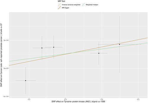 Figure 3. Scatter plot of MR analysis of plasma protein JAK2 with PCa by inverse variance weighted, weighted median, and MR Egger methods.