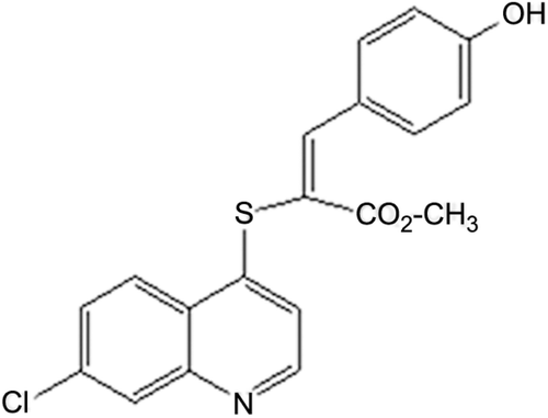 Figure 1.  Chemical structure of (E)-methyl 2-(7-chloroquinolin-4-ylthio)-3-(4 hydroxyphenyl) acrylate (QNACR).
