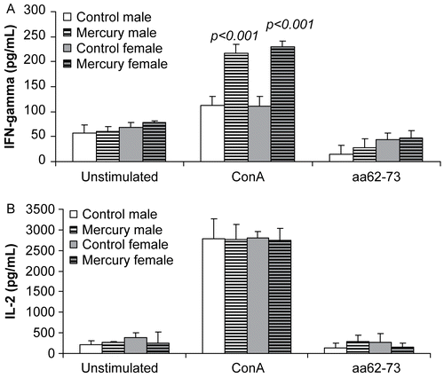 Figure 3.  The effects of prenatal mercury exposure on the production of TH1 cytokines. In vitro production of (A) IFNγ and (B) IL-2 by lymphocytes (106 cells/well) from mercury-exposed and unexposed mice that were stimulated with ConA (2 μg/ml) or idiopeptide (15 μg/ml) was measured after 24 hr (IFNγ) or 72 hr (IL-2). Data were collected from 18 control mice (9 female and 9 male DBF1 mice) and 23 mercury-exposed mice (12 female and 11 male DBF1 mice) and shown as mean ± SD. The differences between mercury-exposed mice and sex-matched unexposed mice were considered significant when p < 0.05.