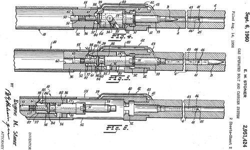 Figure 4. Gas operated bolt and carrier system from E. M. Stoner’s patent drawings. Top panel – cartridge in chamber with the bolt in battery (forward and locked position). Middle panel – bullet has left the case and propellant gasses have traveled through the gas tube and unlocked the bolt. Bottom panel – the propellant gasses have moved the bolt carrier group rearward and the case is about to be ejected from the open breech.