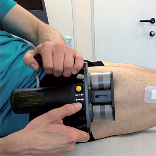 Figure 2. Application of the external remote controller. The weak magnetic field has to be pressed as much as possible into the soft tissue. A range of 5.5 cm is the maximum distance for proper functioning of the magnetic device.