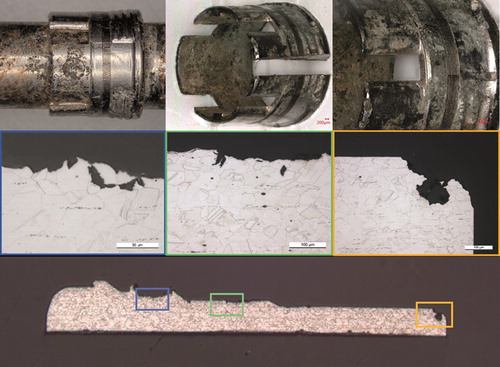 Figure 9. Corrosion attack at the bushing/crown. Digital microscopy (upper panels) and microscopy of the microstructure (middle and lower panels).