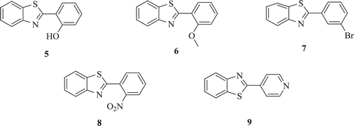 Figure 2.  Chemical structure of 2-aryl-substituted (o-hydroxy (5), o-methoxy (6), m-bromo (7), o-nitro (8) and 4-pyridyl (9)) benzothiazole.