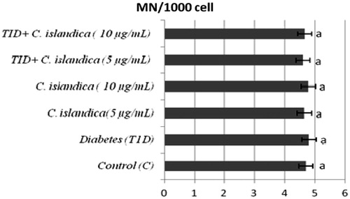 Figure 1. The frequencies of MN in cultured human lymphocytes from diabetic patients and control groups. Values are means ± standard deviation; n = 8. Different letters within each bar present a statistical difference by Duncan multiple range tests at p < 0.05.