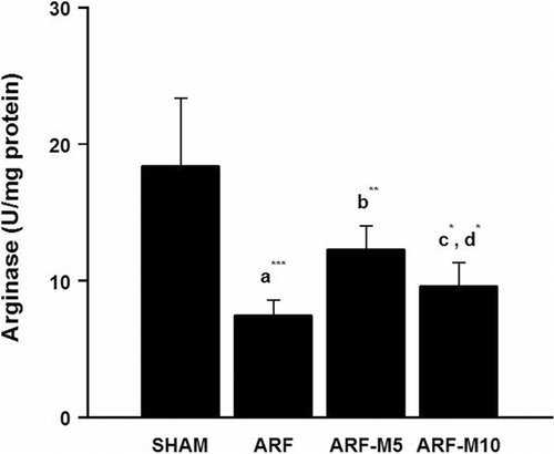 Figure 1 Kidney tissue arginase activities in SHAM, ARF, ARF-M5, and ARF-M10 groups: (a) the comparison between SHAM and ARF, (b) the comparison between ARF and ARF-M5, (c) the comparison between ARF and ARF-M10, (d) the comparison between groups (*p < 0.05, **p < 0.01, and ***p < 0.001). SHAM: Sham control; ARF: Acute renal failure treated with saline; ARF-M5: Acute renal failure treated with melatonin (5 mg/kg); ARF-M10: Acute renal failure treated with melatonin (10 mg/kg).