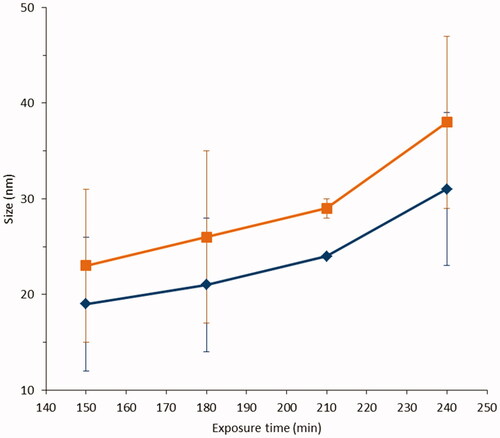 Figure 6. Size distribution of Ag NPs permeated in the receptor fluid as a function of time: ▪ most frequent size (size at the maximum of the size distribution histogram) and ♦ mean size (Z-average). There are no statistically relevant differences between the two size populations (blue and orange) (p < 0.05 only for sample at 210 min) and comparing different times (ca. p = 0.17).