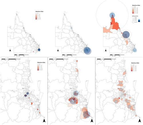 Figure 6. Relative risk by SA2 with MLC by border restrictions in Queensland with details for SEQ (A: phase one, B: phase 2 and C: phase 3) showing clusters by area (cluster outline) and proportional to population (blue gradient and diameter).
