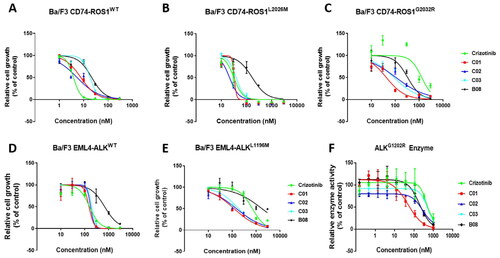 Figure 4. In vitro activities against Crizotinib-resistant ROS1G2032R and ALKG1202R mutants. Dose–response curves for proliferation of Ba/F3 CD74-ROS1WT cell (A), Ba/F3 CD74-ROS1L2026M cell (B), Ba/F3 CD74-ROS1G2032R cell (C), Ba/F3 EML4-ALKWT cell (D) and Ba/F3 EML4-ALKL1196M cell (E) after 72 h exposure to B08, C01–C03, and Crizotinib. (F) Enzyme-based activities of B08, C01, C02, and Crizotinib against ALKG1202R mutant. All data are the average of n ≥ 2 ± standard deviation.