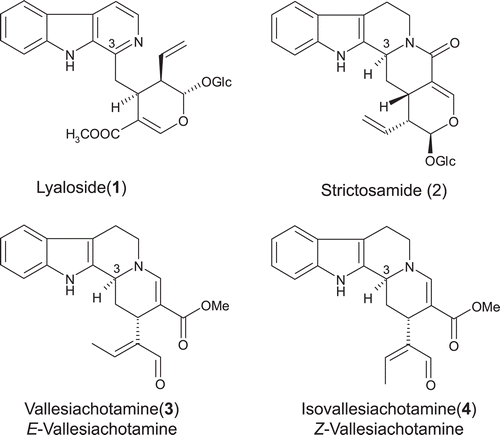 Figure 2.  Structures of the alkaloids lyaloside (1), strictosamide (2), vallesiachotamine (3), and isovallesiachotamine (4).