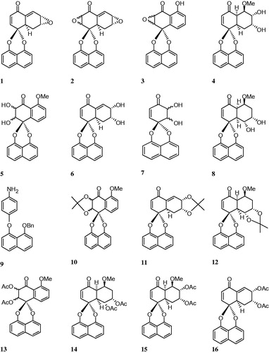 Figure 1. The chemical structures of synthesized spirobisnaphthalenes derivatives (1–16).