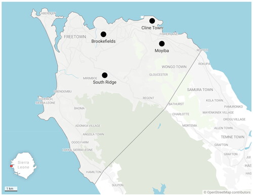 Figure 4. Map of Western Area urban District (which comprises Freetown as well as surrounding towns and landscapes) and location of each neighborhood.Source: OpenStreetMap & Datawrapper