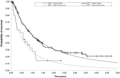 Figure 1. Overall survival curves for best supportive care and selective internal radiation therapy. BSC, best supportive care; SIRT, selective internal radiation therapy.
