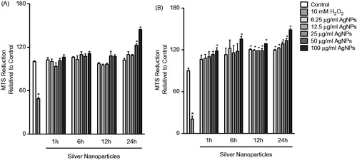 Figure 1. Cell viability following exposure. (A) RAW 264.7 or (B) MPRO 2.1 cells were exposed to silver nanoparticles (AgNP) at 6.25, 12.5, 25, 50, or 100 μg/ml for 1, 6, 12, or 24 h before cell viability was assessed based on viable cell formation of formazan. Treatment of cells with hydrogen peroxide (10 mM) for 60 min was used as a positive control. Values shown are means ± SEM (N ≥ 3). *p < 0.05 vs. control group.