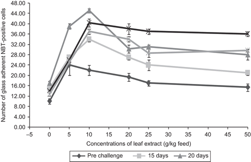 Figure 6.  Effect of different concentrations of leaf extract of Aegle marmelos on number of glass adherent NBT assay positive cells in Cyprinus carpio infected with the bacterial pathogen, Aeromonas hydrophila.