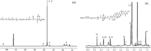 Figure 3.  1HNMR spectra of (a) the PLAM block copolymer in CDCl3 and (b) the FOL-PLAM conjugate in DMSO-d6.