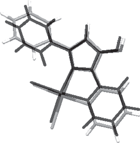 Figure 8.  Comparison of compound 4 structures from X-ray crystallography (gray scale) and DFT calculations (black).