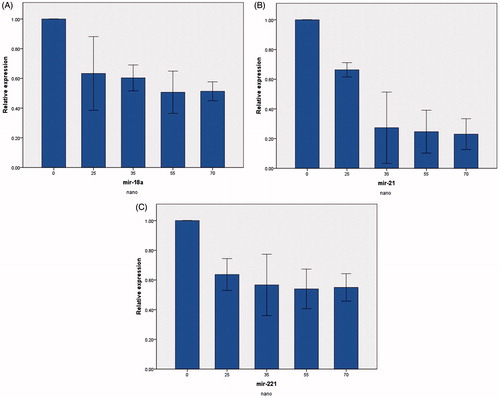 Figure 5. Real-Time PCR results of miRNAs when treatment with nanochrysin. (A) Real-time PCR results showed that relative expression of (A) miR-18a, (B) miR-21, and (C) miR-221 was decreased by nanochrysin.