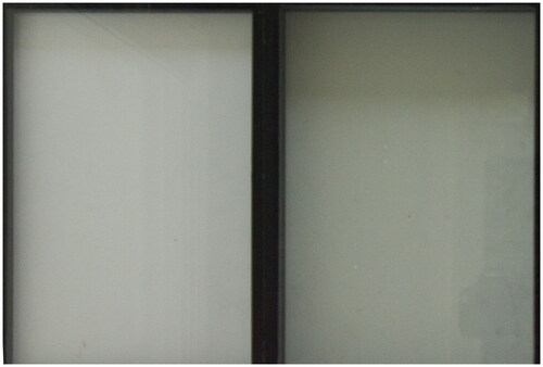 Figure 3. Photograph of the two implemented glass types: high transmittance glass/2-layered low-iron glass (left) and low transmittance glass/3-layered low energy glass (right).