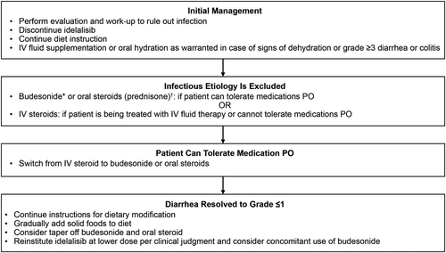 Figure 4. Management algorithm for unresolved grade 2 and grade 3/4 diarrhea. IV, intravenous; PO, per os. *Recommended dosage: three 3 mg capsules PO once daily (9 mg total) [Citation23]. †Based on panel members’ experience in clinical trials, prednisolone 1 mg/kg has been used with tapering off once diarrhea returns to grade 1.