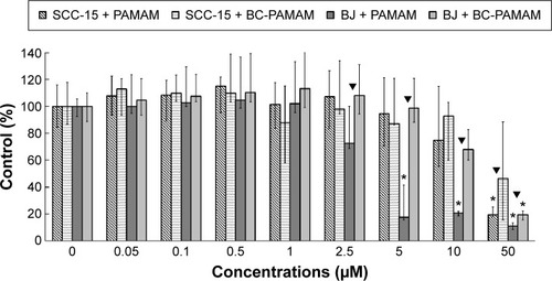 Figure 2 Concentration-dependent effects of PAMAM or BC-PAMAM treatment (24 hours) on the survival of normal human fibroblasts (BJ) and squamous carcinoma cells (SCC-15) measured with CyQUANT® NF dye.Notes: Results (median of triplicate assays from four independent experiments) are expressed as a % of the nontreated controls. The whiskers are lower (25%) and upper (75%) quartile ranges. *P<0.05; Kruskal–Wallis test (against nontreated control), ▼P<0.05; Mann–Whitney U-test (PAMAM against BC-PAMAM).Abbreviation: BC-PAMAM, biotin–polyamidoamine.