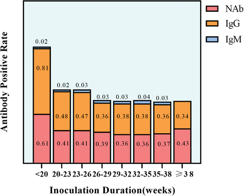 Figure 1. Positive rates of antibodies at different inoculation durations in pregnant women who received two doses of inactivated COVID-19 vaccine.