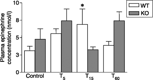 Figure 4 Plasma concentrations of epinephrine in nNOS KO and WT mice under resting conditions (control) and 5, 15 and 50 min after a 10-min forced swimming session (T5, T15 and T60, respectively). Data are expressed as means ± SEM (n = 6–8 mice per group). *p < 0.05 vs. WT control and T60 and vs. KO T15. Two-way ANOVA followed by Fisher's LSD post hoc analysis.