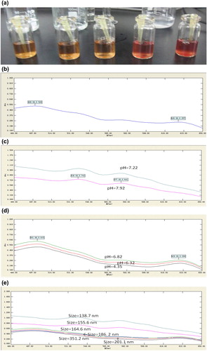Figure 2. (a) The mixture (0.25% cationic starch and 1 mg/mL hemoglobin) at different pH value (8.18, 7.92, 7.22, 6.82 and 6.32 from left to right), (b) UV–Vis absorption spectrum of cationic starch and hemoglobin at pH 8.18, (c) UV–Vis absorption spectrum of cationic starch and hemoglobin at pH 7.92 and 7.22, (d) UV–Vis absorption spectrum of cationic starch and hemoglobin at pH 6.82, 6.32 and 4.35, (e) UV–Vis absorption spectrum of cationic starch and hemoglobin at above all pH value.