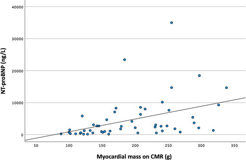 Figure 4. Correlations between NT-proBNP and myocardial mass on CMR (g), p = 0.003.