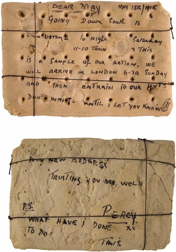 FIGURE 5. Hardtack as letter, inscribed by Sgt. Percy Lockett in 1915.Source: Courtesy of The Manchester Regiment collections, Tameside MBC.