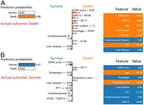 Figure 6. LIME algorithm for explaining individual’s prediction results.Screenshot of the death prognosis for critically ill patients with CHF combined with CKD. (A) Utilizing the LIME method, show a death case. (B) Present a case of survival using the LIME method. The left portion of the picture depicts expected LIME findings. The center section lists, from highest to lowest, the eight variables that had the greatest impact on survival or death. The length of the bar for each feature reflects the weight of that feature in the prediction. A longer bar represents a characteristic that contributes more to survival or mortality. The right panel displays the crucial values of these eight factors at which they had the greatest influence on survival or death.Abbreviations: LIME: Local Interpretable Model-Agnostic Explanations, CHF: congestive heart failure, CKD: chronic kidney disease, SOFA: sequential organ failure assessment, SAPS II: simplified acute physiology score II, PTT: partial thromboplastin time.