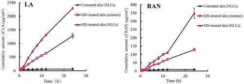 Figure 2. In vitro skin permeation profiles of LA and RAN from AAS–NLCs and a physical mixture of AAS and blank NLCs applied to the MN-treated skin and AAS–NLCs applied to the untreated skin (n = 3).