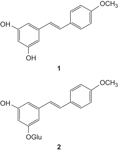 Figure 2.  Structure of stilbenes 1 and 2 isolated from the roots and rhizomes of Rheum franzenbachii.