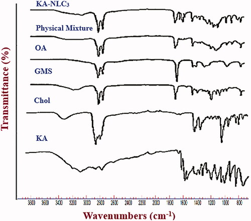 Figure 2. The ATR-FTIR spectra of KA, Chol, GMS, OA, physical mixture, and KA-NLC3 dispersion.