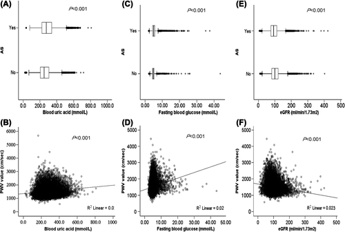 Figure 1. Relationship between fasting blood glucose (FBG), uric acid (UA) and estimated glomerular filtration rate (eGFR) and the presence of arterial stiffness (AS) and pulse wave velocity (PWV) values. (A) Box plots showing the distribution of UA in participants with and without AS (PWV > 1400 cm/s); (B) scatter plot showing the correlation between UA and PWV; (C) box plots showing the distribution of FBG in participants with and without AS (PWV > 1400 cm/s); (D) scatter plot showing the correlation between FBG and PWV; (E) box plots showing the distribution of eGFR in participants with and without AS (PWV > 1400 cm/s); (F) scatter plot showing the correlation between eGFR and PWV.