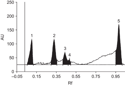 Figure 5.  The HPTLC chromatogram of Amorphophallus paeoniifolius leaf extract at 260 nm. The chromatogram shows five major peaks when scanned at 260 nm using toluene: ethyl acetate: glacial acetic acid (12.5: 7.5: 0.5 v/v) as mobile phase. The three peaks (1, 3 and 4) of Rf values are gallic acid (0.06), resveratrol (0.41) and quercetin (0.47), respectively, and two others (2 and 5) remain to be identified.