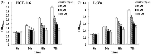 Figure 1. Genistein inhibited the proliferation of HCT-116 (A) and LoVo (B) cells. Cells were treated with 0, 25, 50, and 100 μM of genistein for 24, 48, and 72 h. The cell viability was determined by the MTT assay. The results were presented as mean ± SD for triplicate experiments. *p < 0.05 versus each control group (0 µM).